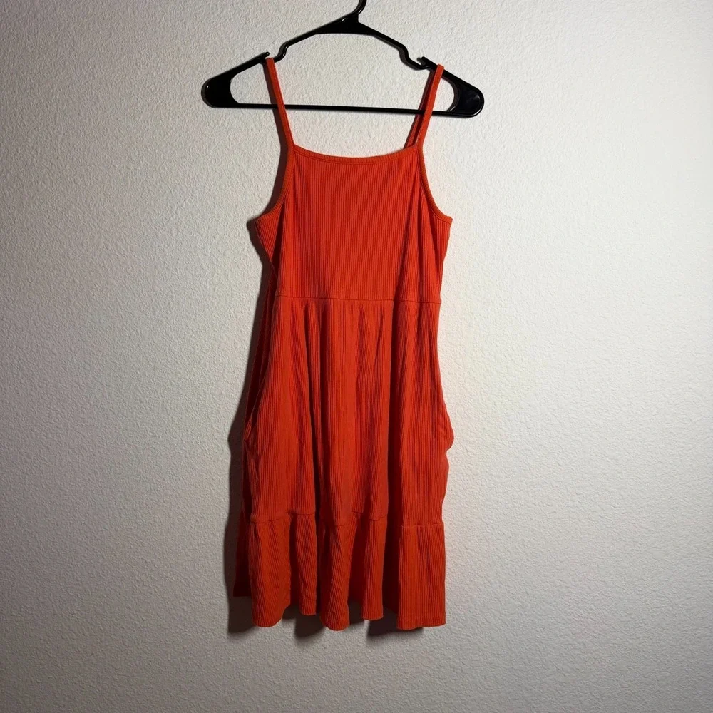 Old Navy Fit & Flare Dress Girls XL 14-16 Orange Ribbed Knit Casual Sleeveless - Picture 1 of 9